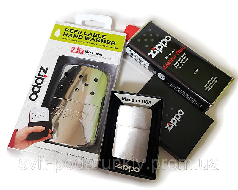 Набір Zippo: срібляста каталітична грілка, запальничка Zippo 200 та оригінальне паливо - разом дешевше