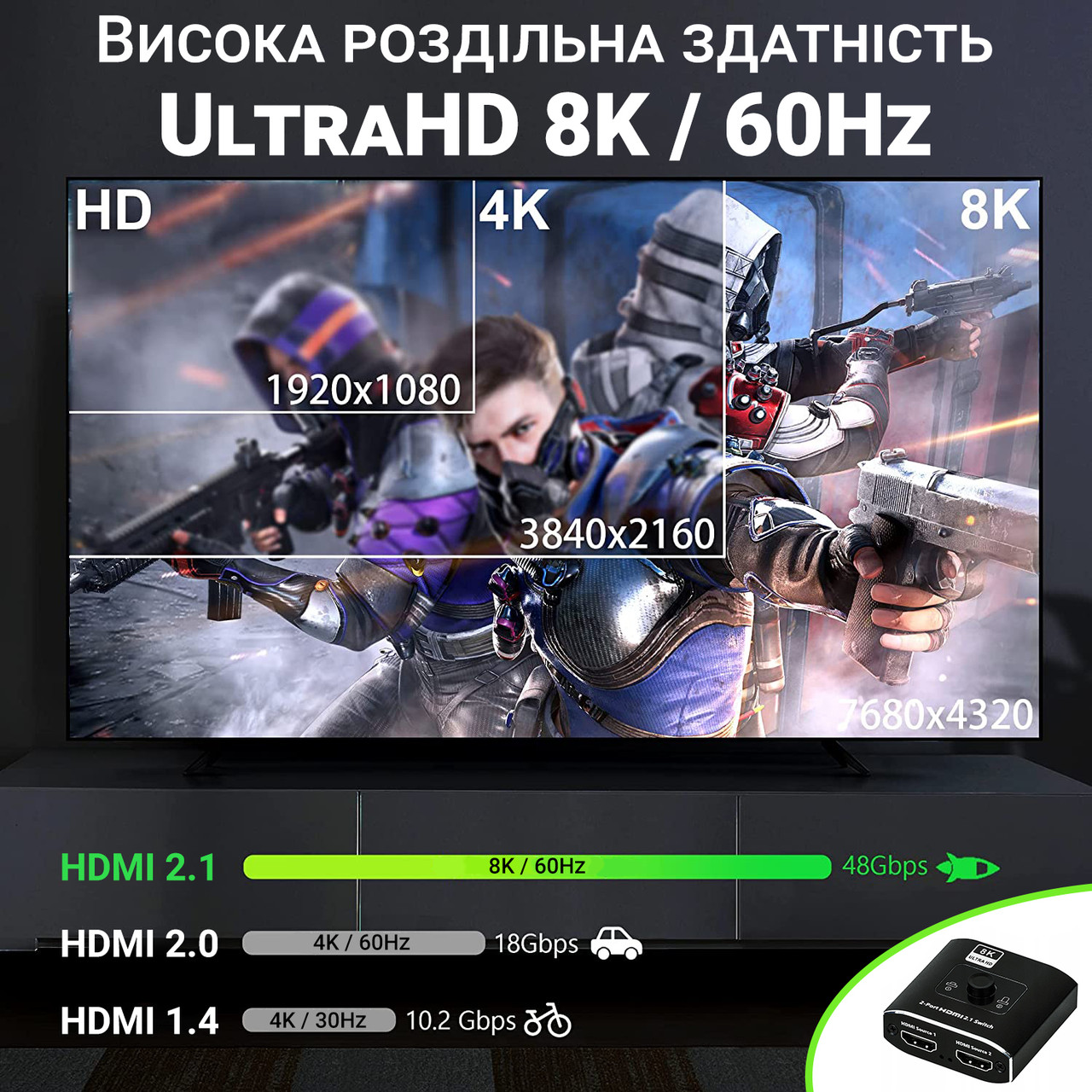 HDMI переключатель на 2 канала Addap HVS-09 | Switch: двухпортовый свитч с поддержкой 8K / 60Hz - фото 5 - id-p1759389799