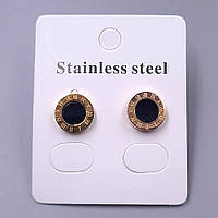 Сережки-гвоздики Stainless Steel із чорною емаллю. Сталь. Позолота ЧВ. Діаметр: 10 мм