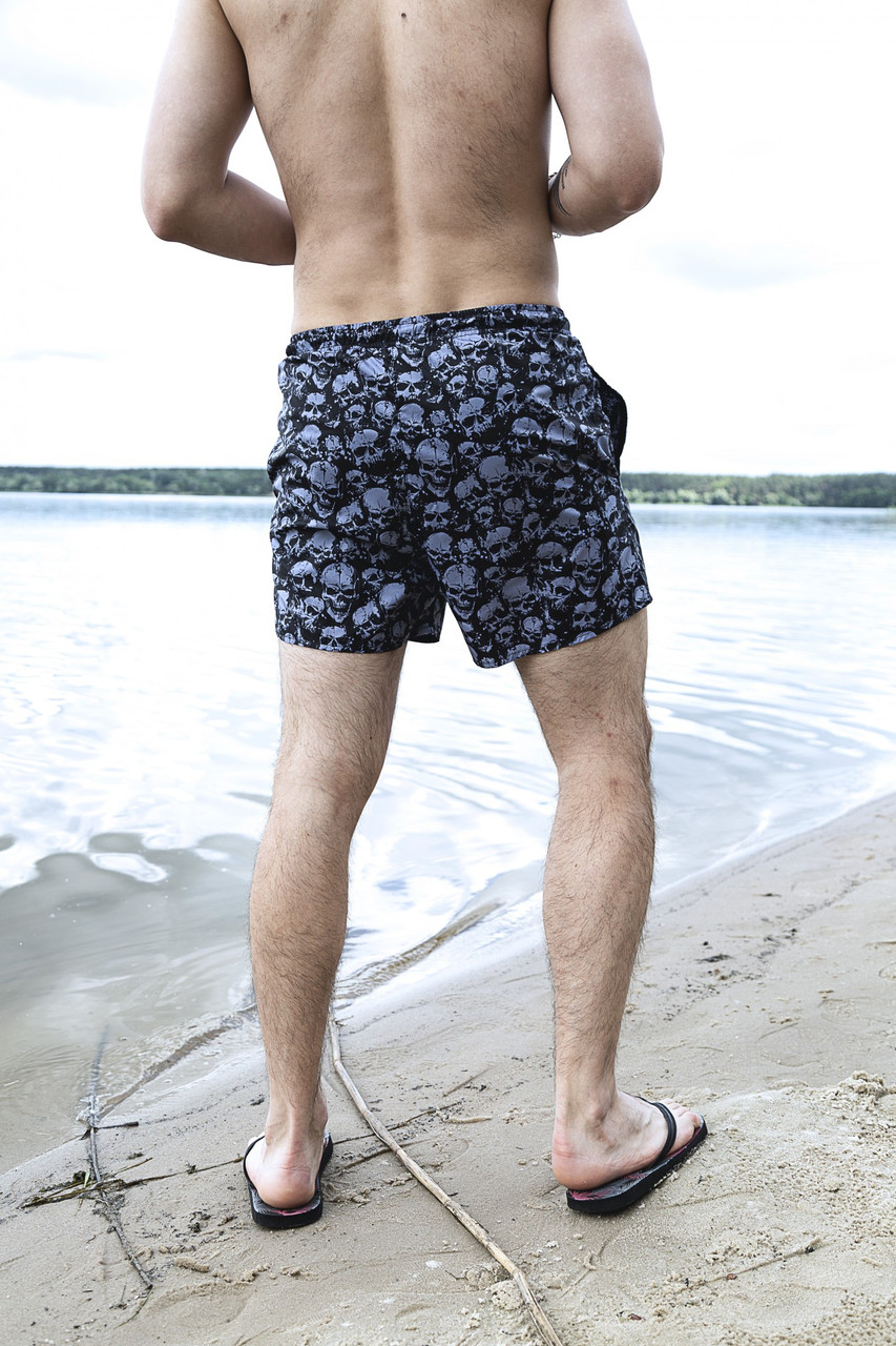 Мужские шорты летние легкие свободные удобные молодежные серые Intruder Breeze с принтом skull для отдыха - фото 4 - id-p1759400646