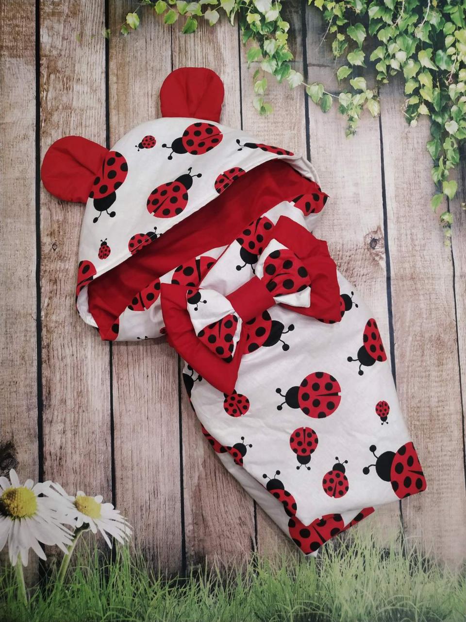 Демісезонний бавовняний конверт з принтом "Сонечка", білий з червоним, фото 1