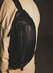 Чоловіча шкіряна бананка сумка на пояс шкіряна чорна мінібег бельтбег