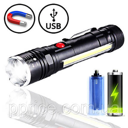 Ліхтар ручний BL-T6-26-T6+COB Li-Ion 18650 універсальний, магніт, зарядка USB, кліпса, бічне світло, фото 1