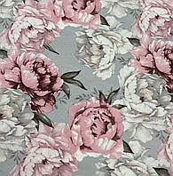 Ткань хлопковая розовые крупные цветы пионы на сером для штор римских штор скатерти