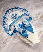 Демисезонный плюшевый конверт для мальчиков на выписку, вышивка, белый с голубым