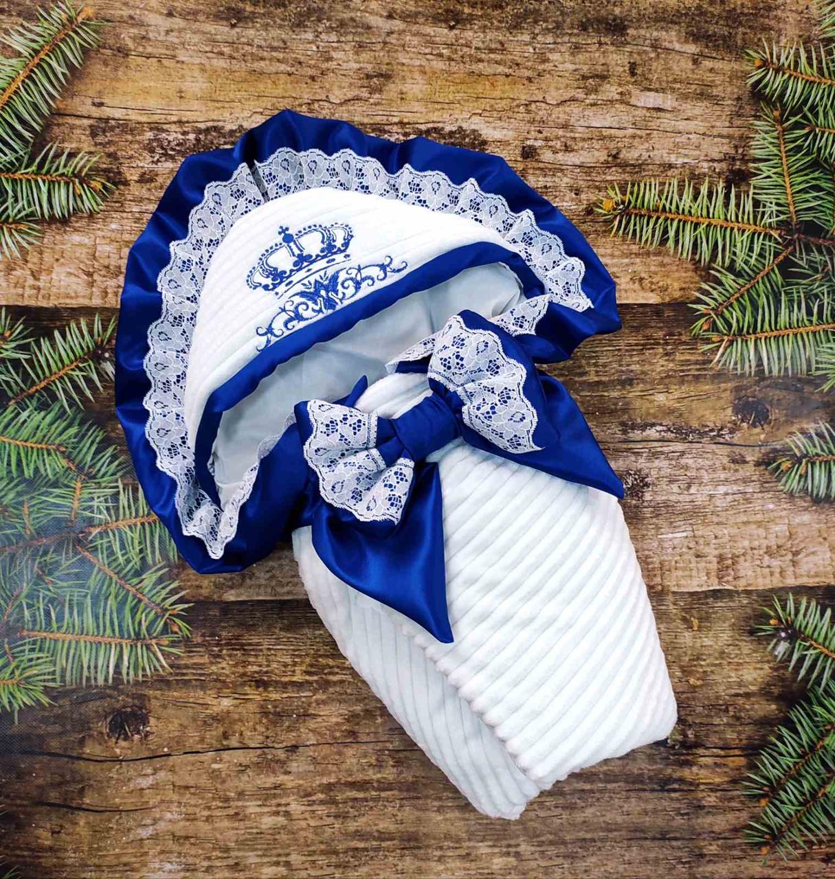 Демісезонний плюшевий конверт для хлопчиків на виписку, вишивка, білий із синім, фото 1