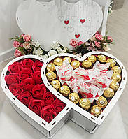 Подарунковий набір солодощів, Квіти з мила - Троянди, Фереро Роше, Рафаелло, Подарунок для дівчини, жінки