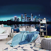 Фотошпалери у спальню над ліжком фото 368х254 см Місто Нью-Йорк - відбиття хмарочосів на блакитному тлі (051P8)+клей