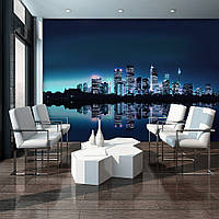 Флизелиновые фотообои в гостиную 368х254 см Город Нью-Йорк - Отражение небоскребов на синем фоне (051V8)+клей