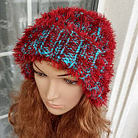 Вязаная шапка для женщин и подростков - красно синяя пушистая шапка