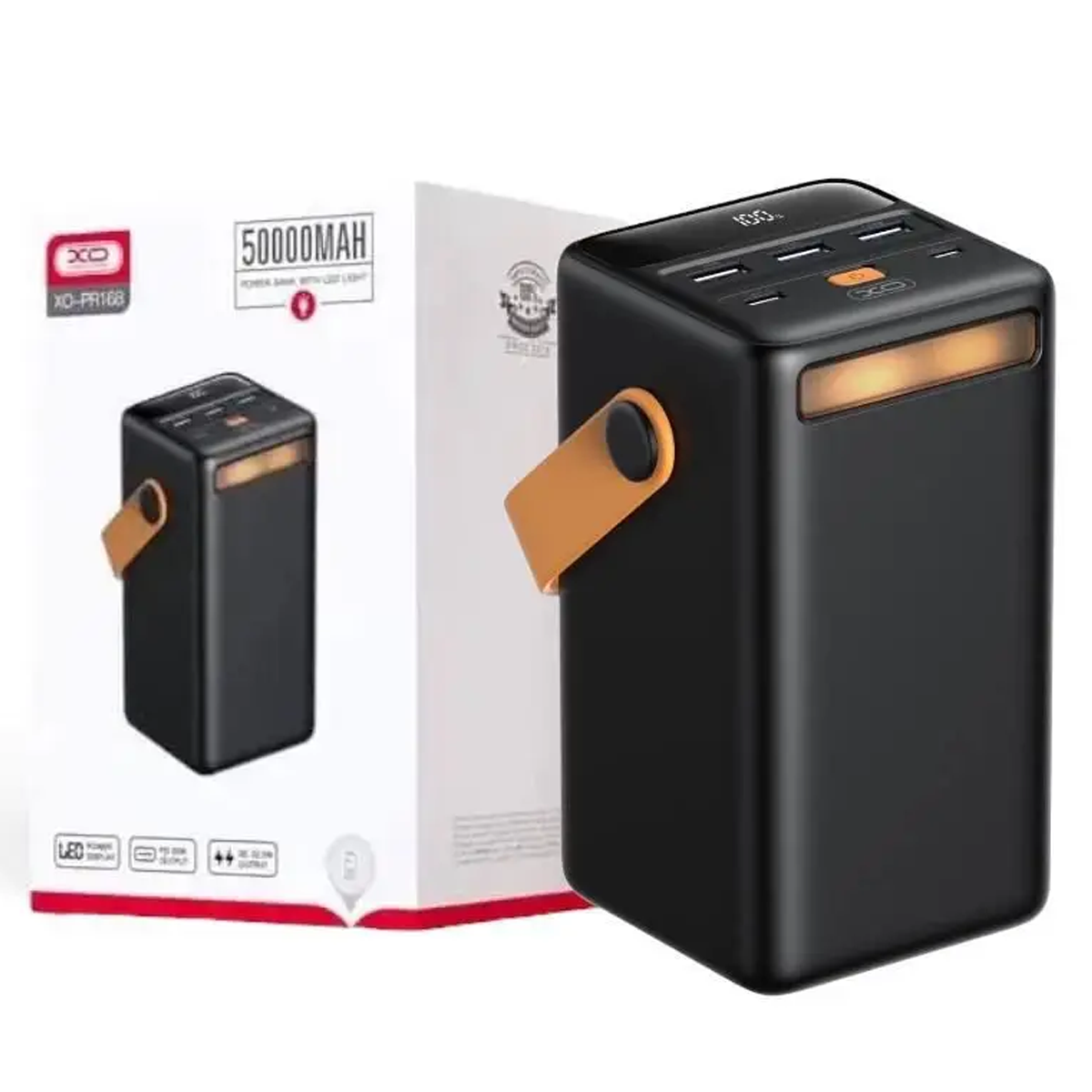 Быстрый повербанк 50000mAh с светильником XO PR168 22.5W QC3.0 PD3.0 Black Li-Pol Черный Пластик