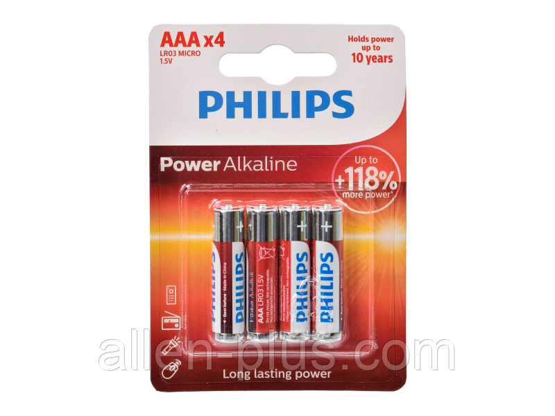 Батарейки лужні PHILIPS Power Alkaline LR03/AAA 1.5V, 4 шт. на блістері, фото 1