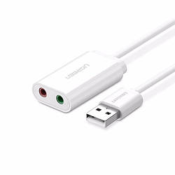 Зовнішня звукова карта UGREEN адаптер для навушників USB 2.0 3,5 мм White (US205)