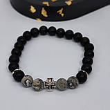 Браслет з каміння чорний онікс і яшма сіра з металевим хрестиком на 23 намистини, фото 3