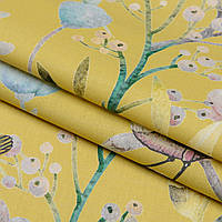 Ткань для штор с узор птиц и цветов Примавера Жёлтый