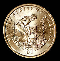 Монета США 1 доллар 2009 г. Сакагавея. Коренные американцы. Три сестры. Тыква. Кукуруза. Бобы. Индианка