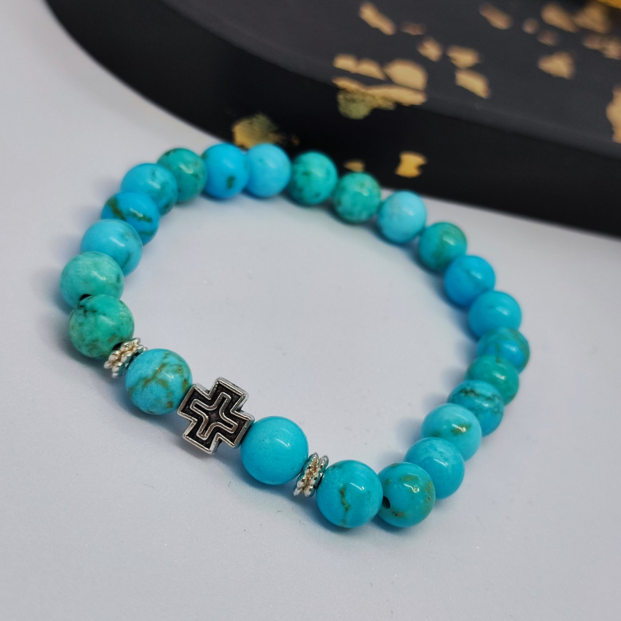 Браслет з каміння бірюза з металевим хрестиком на 23 намистин, фото 1