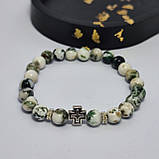 Браслет з каміння моховий агат з металевим хрестиком на 23 намистини, фото 2