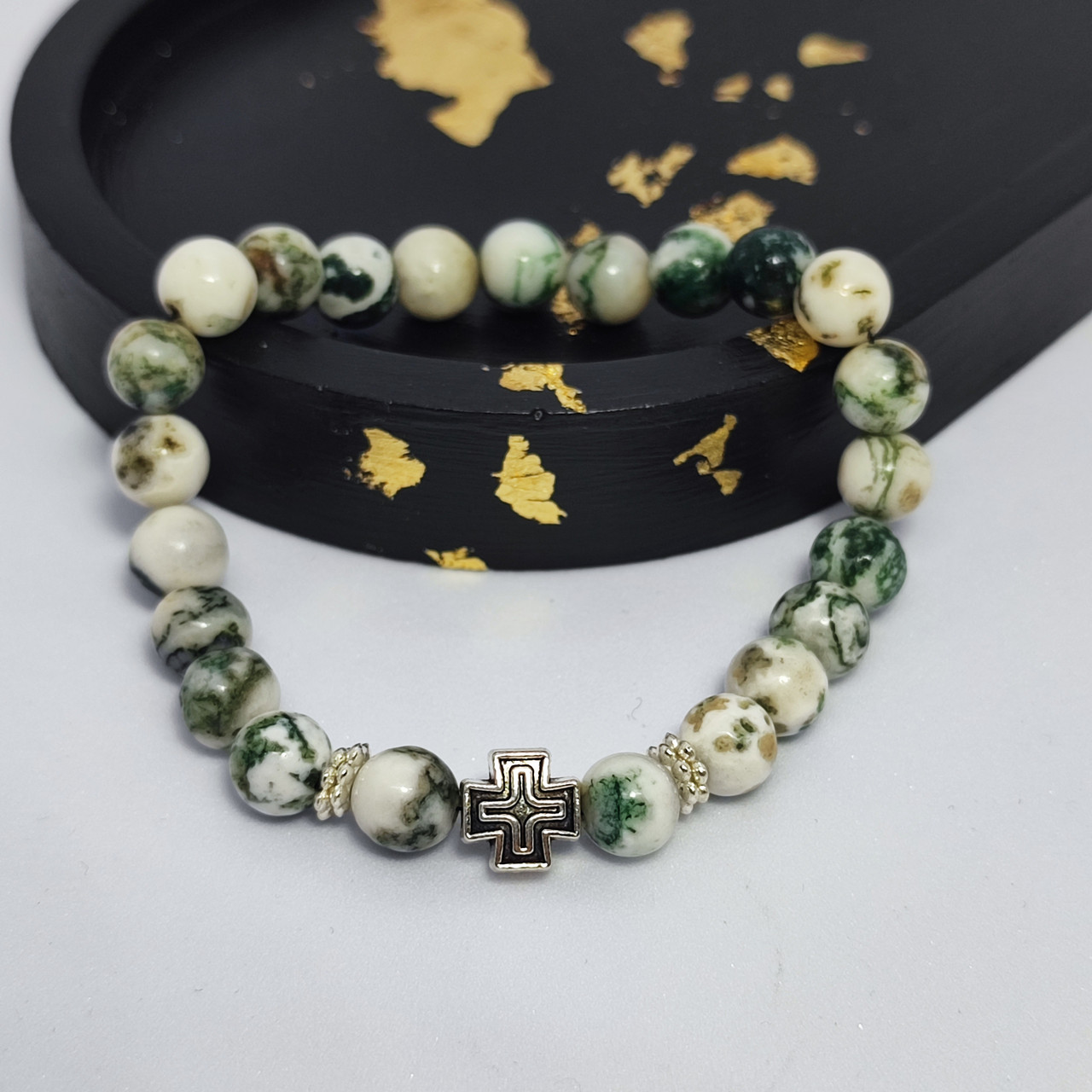Браслет з каміння моховий агат з металевим хрестиком на 23 намистини, фото 1