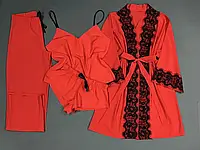 Пижама женская комплект с кружевом 4-ка (майка, шорты, штаны, халат) 42/44, Красный 2