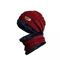 Зимний комплект шапка+хомут, теплая зимняя шапка мужская красного цвета