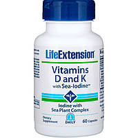 Витамин Д и К с йодом, Life Extension, Vitamins D and K with Sea-Iodine, 60 капсул