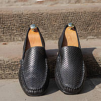 Черные мужские туфли с перфорацией. Удобные туфли из натуральной телячьей кожи!(BRT)