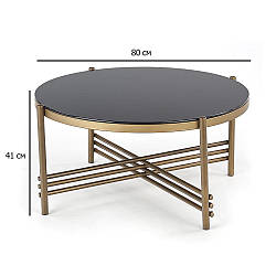 Чорний круглий журнальний столик Ismena 80х41 см зі скляною стільницею на золотих сталевих ніжках у хол
