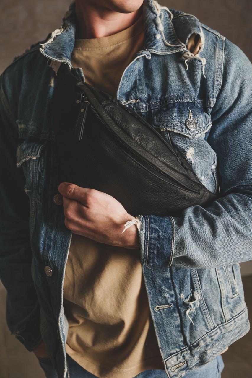 Чоловіча шкіряна бананка сумка на пояс шкіряна чорна мінібег бельтбег, фото 1