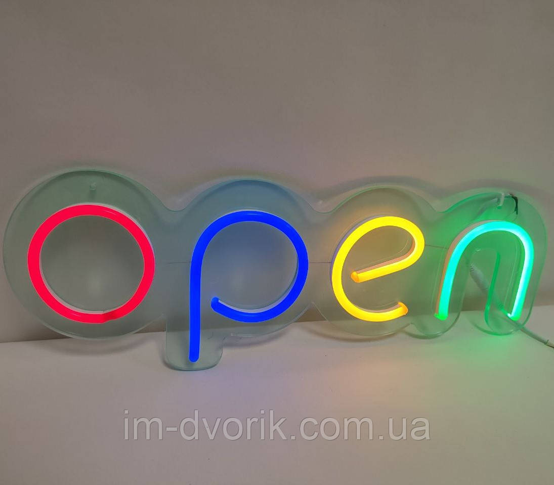 Неонова Led вивіска OPEN (відкрито) з кольоровими буквами 40х13 см зі зміною яскравості