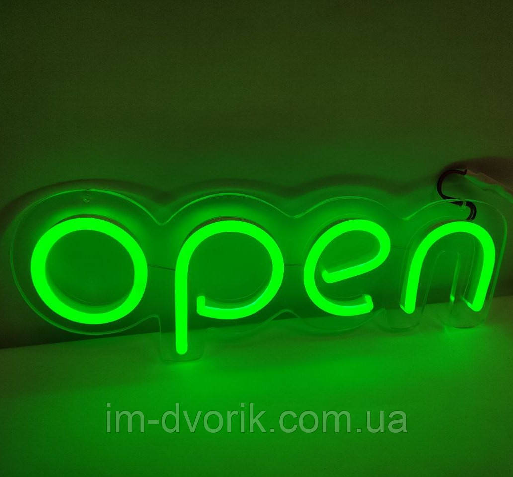 Неонова Led вивіска OPEN (відкрито) Зелена 40х13 см з режимами