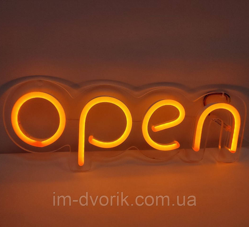 Неонова Led вивіска OPEN (відкрито) Помаранчева 40х13 см з контролером, фото 1