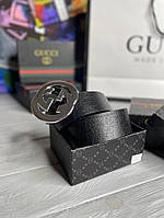 Мужской Ремень Gucci черный с серебристой пряжкой  mb003