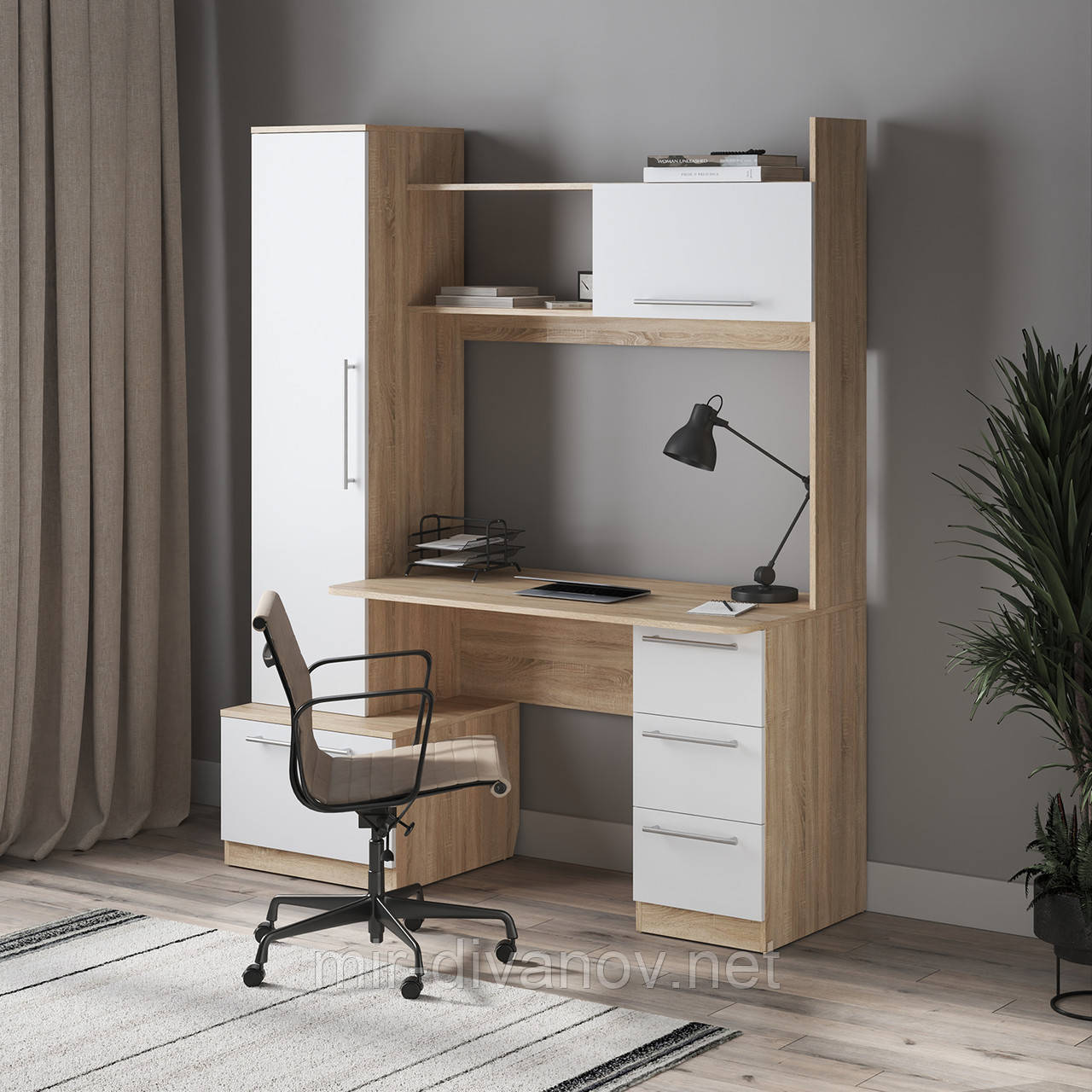 Стіл учнівський з ящиками та полицями прямий Дуб Сонома +Білий, фото 1