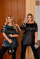 Двойка Женский брючный костюм с камнями блуза + лосины Цвет черный, бутылка Размер 50-52 54-56 58-60