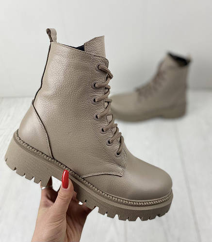 Купить Демисезонные кожаные женские бежевые ботинки на шнуровке, цена ...