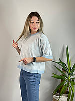 Женская модная стильная трикотажная футболка кофта в полоску голубой р.46