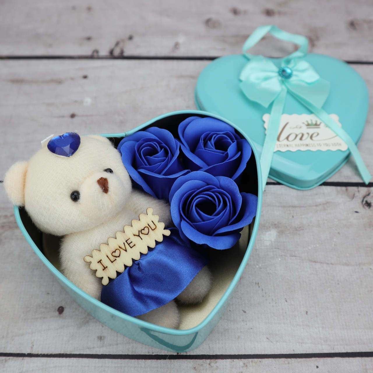 Розы в шкатулке в форме сердца 3 розы, мишка Синие На подарок девушке день влюбленных 14 февраля Св.Валентина - фото 3 - id-p1760174922