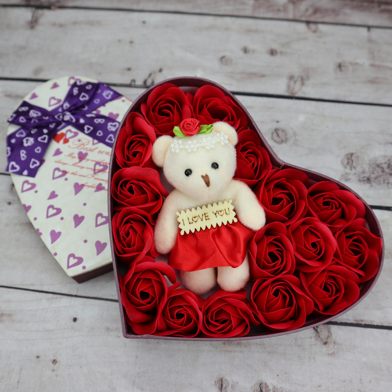 Розы в шкатулке в форме сердца с игрушкой мишка Красный На подарок девушке 14 февраля Св.Валентина 8 марта - фото 2 - id-p1760214798