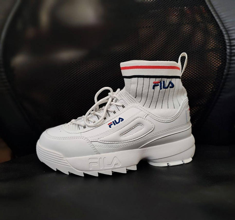 Кроссовки носок БЕЛЫЕ Fila Disruptor Sockfit White на высокой подошве кожаные с манжетом унисекс 36-40 р, фото 1