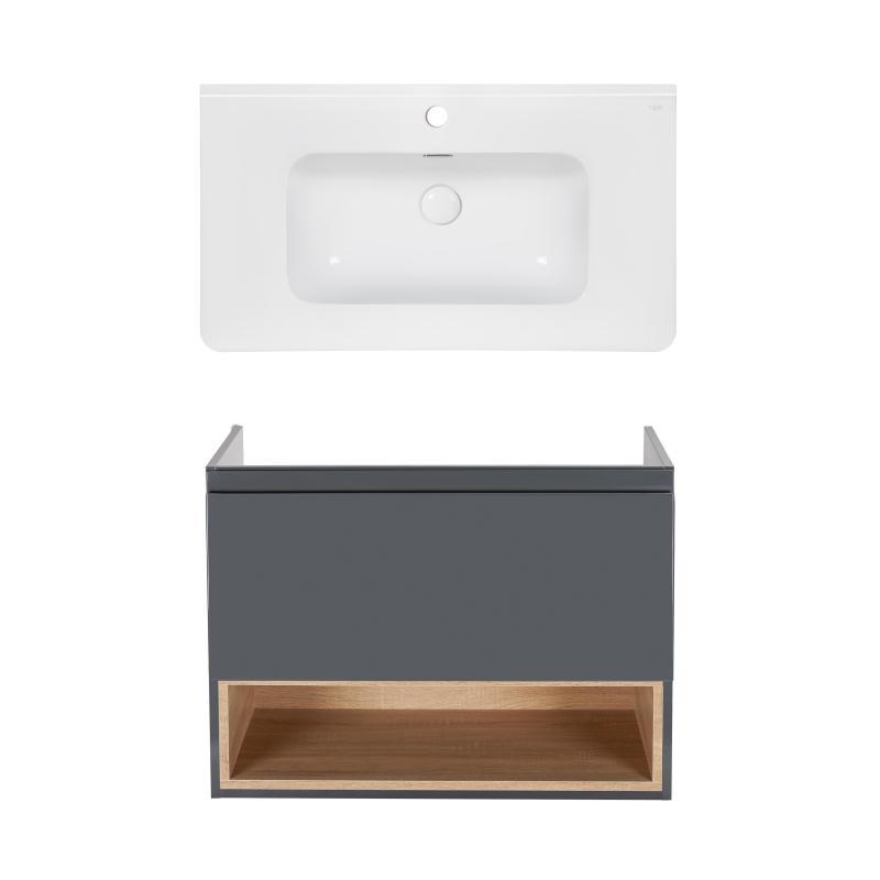 Комплект Qtap тумба підвісна Robin 800х580х437 мм Graphite/Whitish oak + раковина врізна Albatross 9H