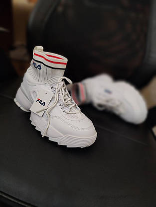 Кроссовки носок БЕЛЫЕ Fila Disruptor Sockfit White на высокой подошве кожаные с манжетом унисекс 36-40 р, фото 3