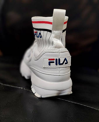 Кроссовки носок БЕЛЫЕ Fila Disruptor Sockfit White на высокой подошве кожаные с манжетом унисекс 36-40 р, фото 4