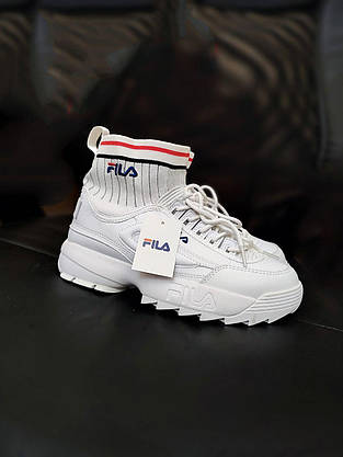 Кроссовки носок БЕЛЫЕ Fila Disruptor Sockfit White на высокой подошве кожаные с манжетом унисекс 36-40 р, фото 5