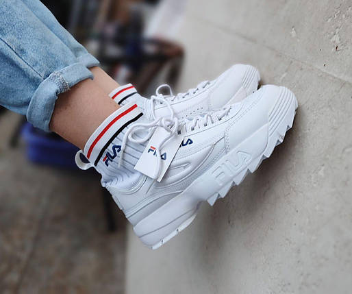 БІЛІ Кросівки носок Fila Disruptor Sockfit White на високій підошві шкіряні з манжетом унісекс 36-40 р, фото 1