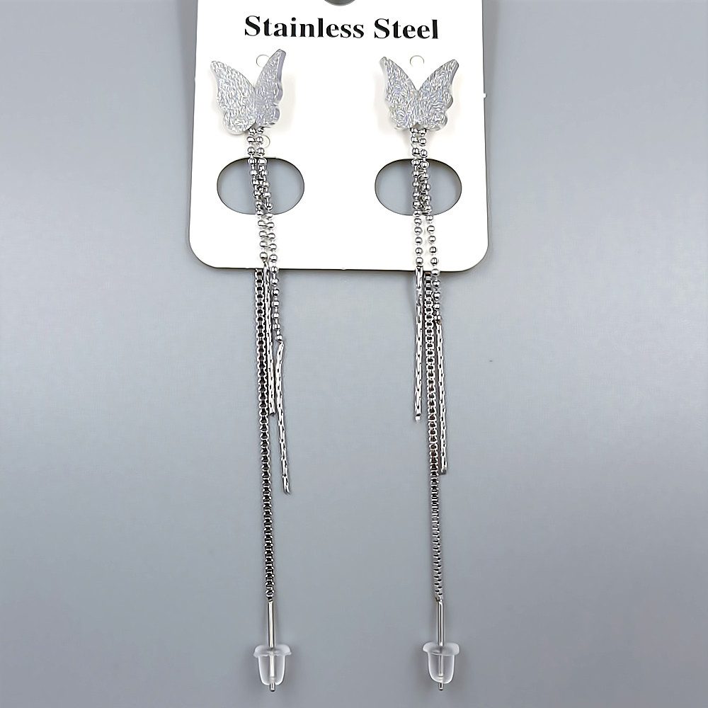 Сережки-протяжки Stainless Steel. Сталь. Родій. Довжина: 84 мм. Ширина: 11 мм.