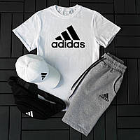 Мужской летний костюм Adidas Футболка + Шорты + Кепка + Барсетка в подарок белый с серым комплект (Bon)