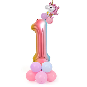 Цифра 1 на підставці з кульок | Для дівчинки | Райдужна з єдинорогом