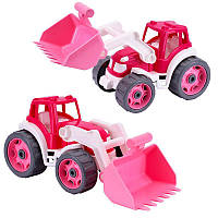 Игрушечный трактор розовый с ковшом, размер 36х16х16.5см, прочный пластик, подвижные детали