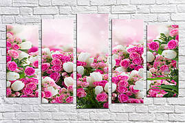 Модульна картина на полотні з 5-ти частин "Тюльпани з трояндами"